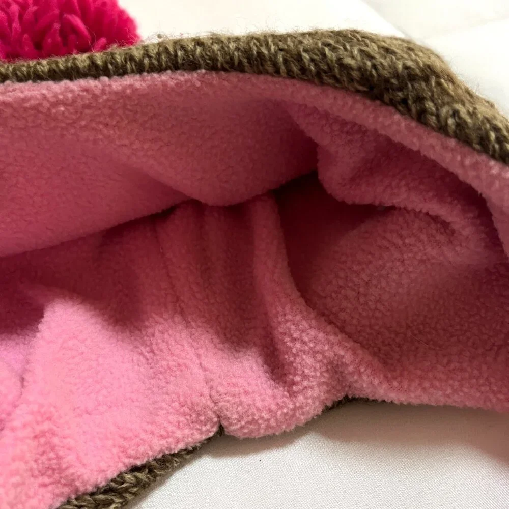 Adorable brown and pink winter monkey hat with pink pom poms